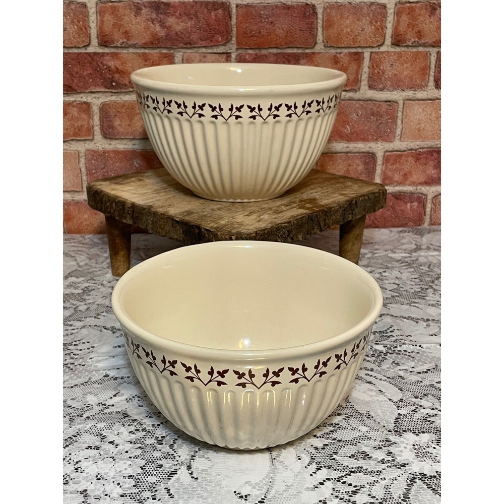 Paula Deen Stoneware Mixing Bowl Set 2 & 3 Quart Cream Brown Leaf Fluted Ribbed